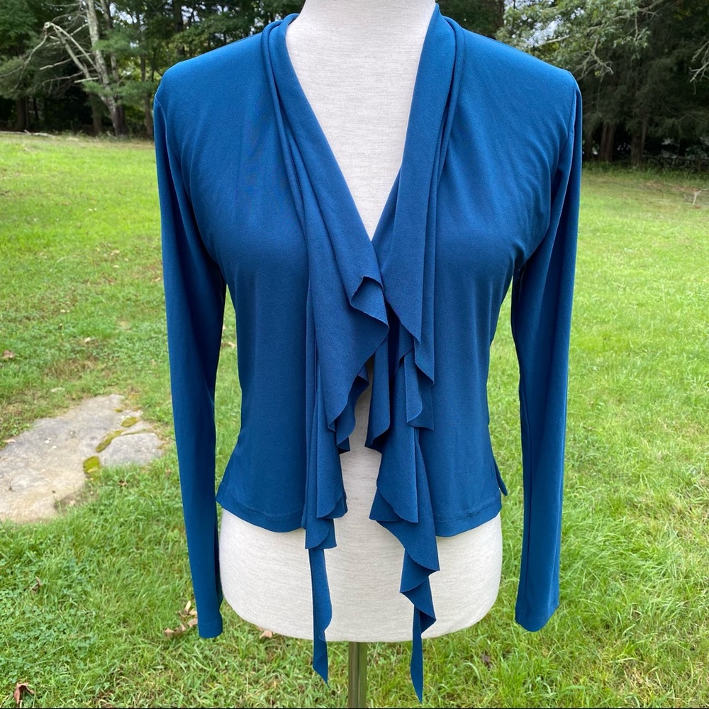 SYMPLI CARDIGAN SHORT OPEN JACKET TOPPER TEAL BLUE RUFFLE LONG SLEEVE Size 4